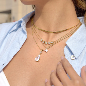 Ensembles De Colliers Pour Femmes En Acier Inoxydable Imperméable, Forme De Goutte Et Croix, Couleur Or, Zircon. h5 Image2