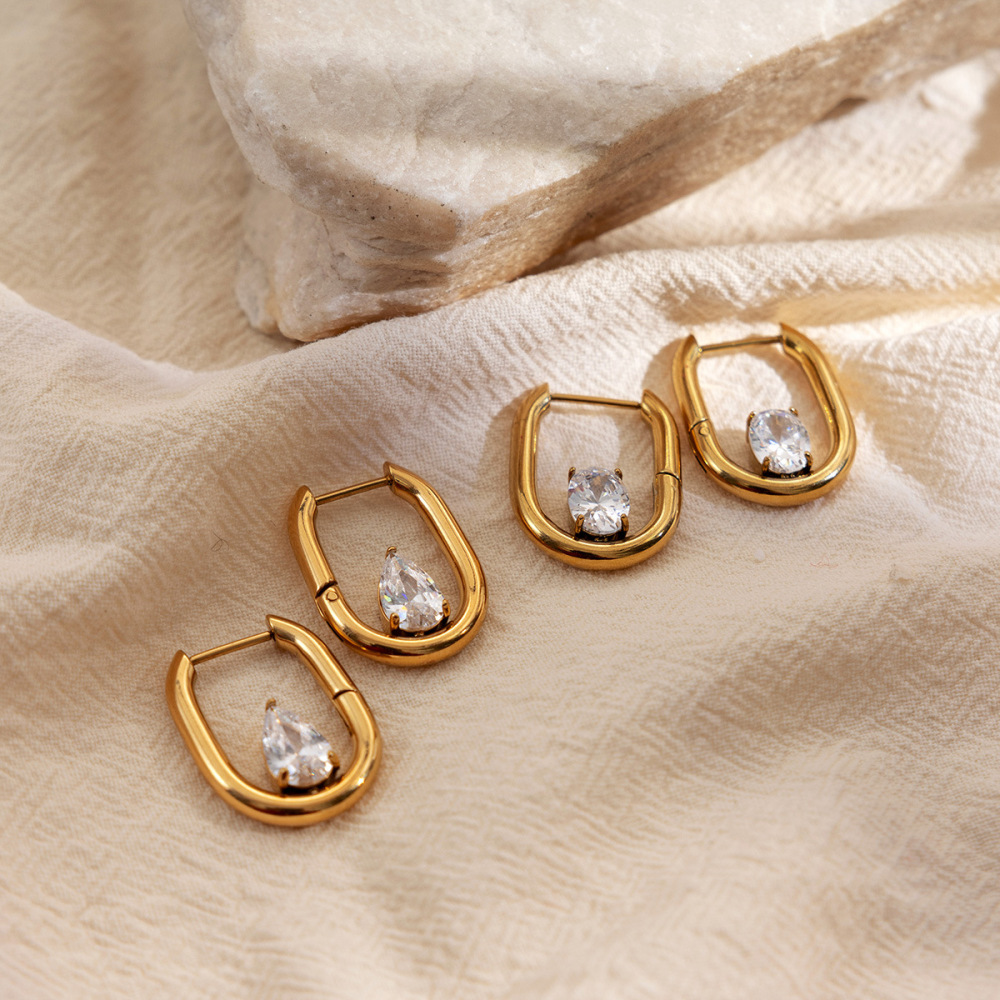 Boucles D'Oreilles Créoles Pour Femmes En Acier Inoxydable Étanche Couleur Or Avec Zircon, Motif Goutte D'Eau Image2