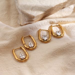 Boucles D'Oreilles Créoles Pour Femmes En Acier Inoxydable Étanche Couleur Or Avec Zircon, Motif Goutte D'Eau h5 Image2