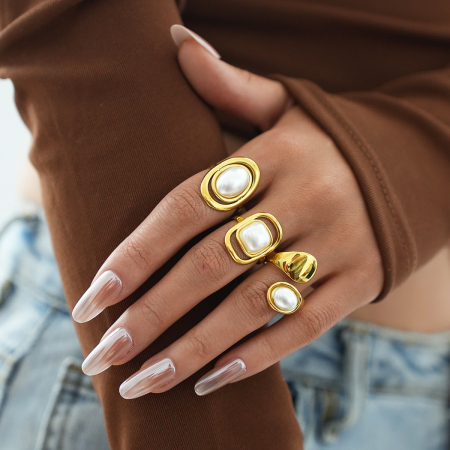 Bagues tendance rétro de forme irrégulière et elliptique en acier inoxydable étanche couleur or 2