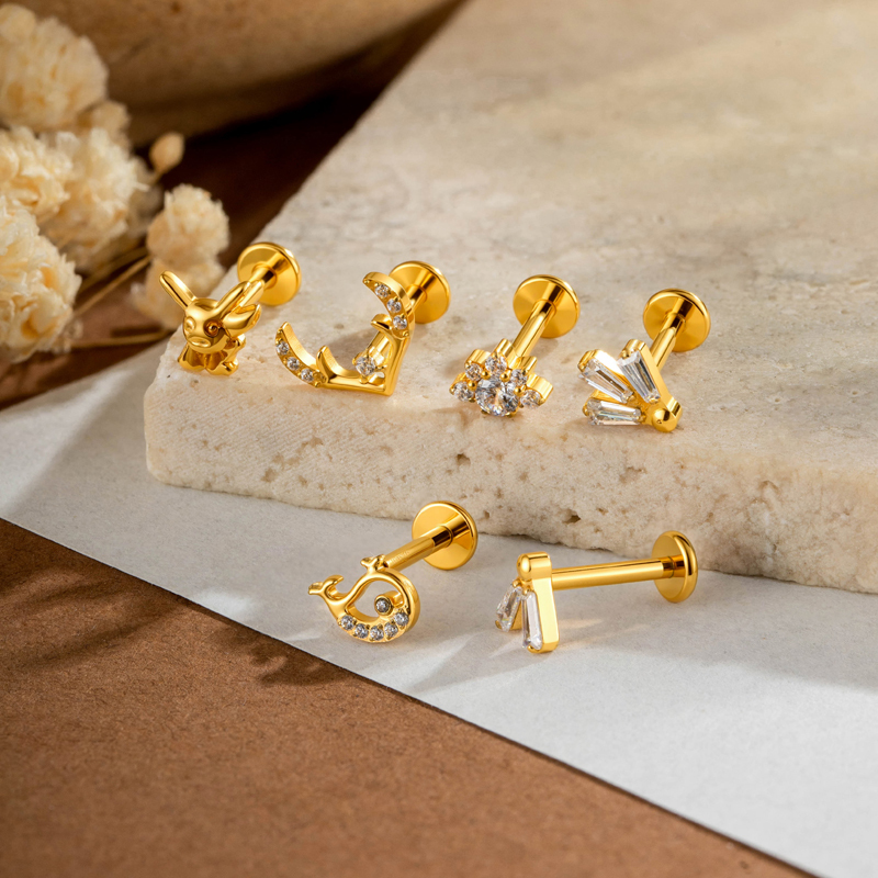 Boucles D'Oreilles Piercing Femme, Luxueuses, Simples Et Irrégulières, En Alliage De Titane Doré Avec Zircon. Image4