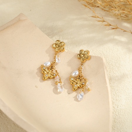 Boucles d'oreilles pendantes pour femme, style ailes de fleur, en acier inoxydable étanche, couleur or. 2
