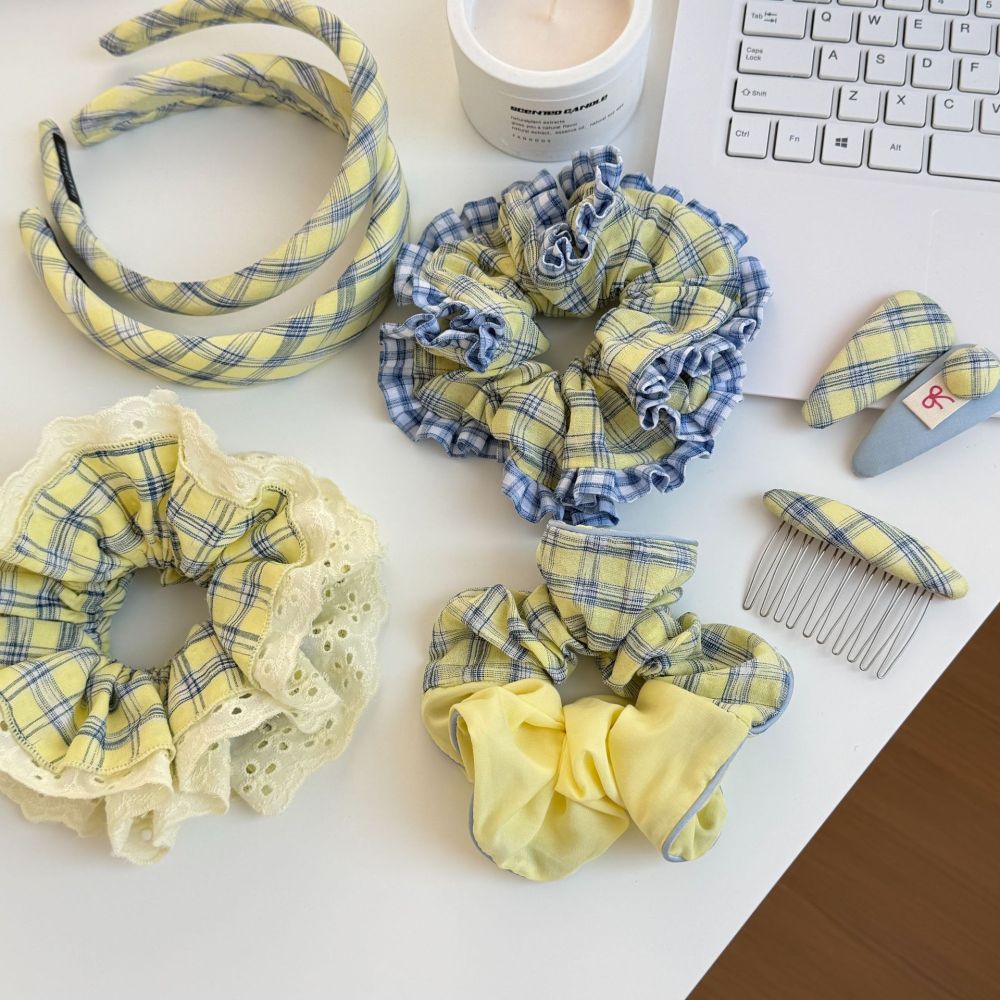 Chouchous Pour Femmes En Tissu À Carreaux Jaunes Romantiques Image3