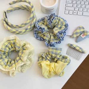 Chouchous Pour Femmes En Tissu À Carreaux Jaunes Romantiques h5 Image3