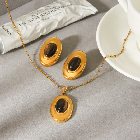 Ensemble de colliers pour femmes en acier inoxydable rétro, étanche, couleur or et pierre naturelle 2