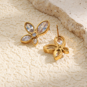 Boucles D'Oreilles Puces Pour Femmes En Acier Inoxydable, Forme De Fleur, Couleur Or, Étanches, Avec Zircon. h5 Image4