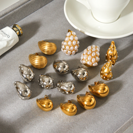 Boucles d'oreilles puces pour femmes Simple Series Daily Droplet en acier inoxydable, étanches, couleur or, zircon et perle. 2