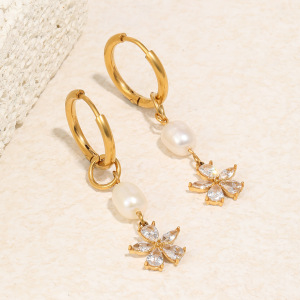 Boucles D'Oreilles Pendantes Pour Femme Sweet Flower En Acier Inoxydable Étanche Couleur Or Avec Zircon h5 Image3