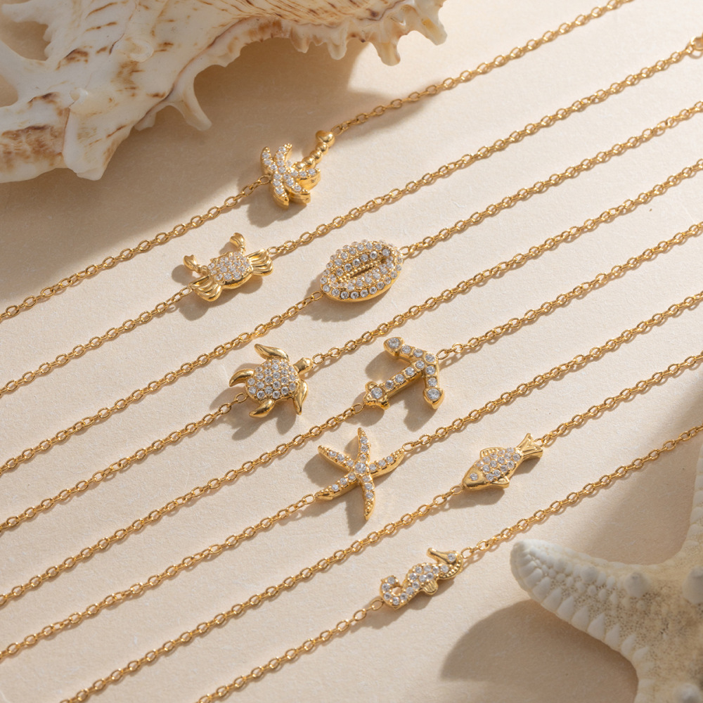 Ensembles De Colliers Pour Femmes En Acier Inoxydable, Style Océanique, Avec Étoiles De Mer Et Zircon Doré, Étanches. Image4