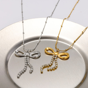 Colliers Pendentifs Pour Femmes En Acier Inoxydable Imperméable, Ornés D'Un Nœud Papillon Romantique Et De Zircon Couleur Or. h5 Image2