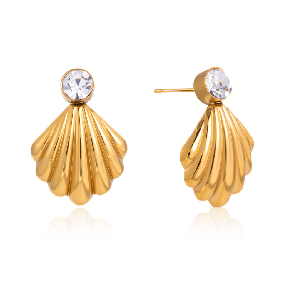 Boucles D'Oreilles Puces Pour Femmes En Acier Inoxydable, Imperméables, Couleur Or, Avec Zircon Et Motif Coquillage. Image6