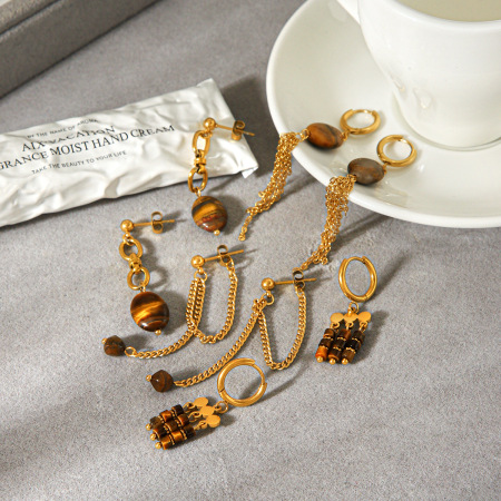 Boucles d'oreilles pendantes pour femme, en acier inoxydable, imperméables, couleur or, avec pampilles et pierres naturelles.
