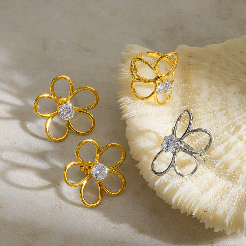 Ensembles De Bijoux Pour Femmes En Acier Inoxydable Doré, Imperméables, Ornés De Strass Et De Fleurs Romantiques Image2
