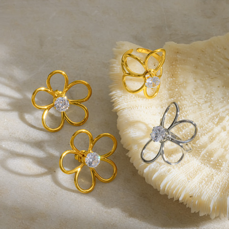 Ensembles de bijoux pour femmes en acier inoxydable doré, imperméables, ornés de strass et de fleurs romantiques 2