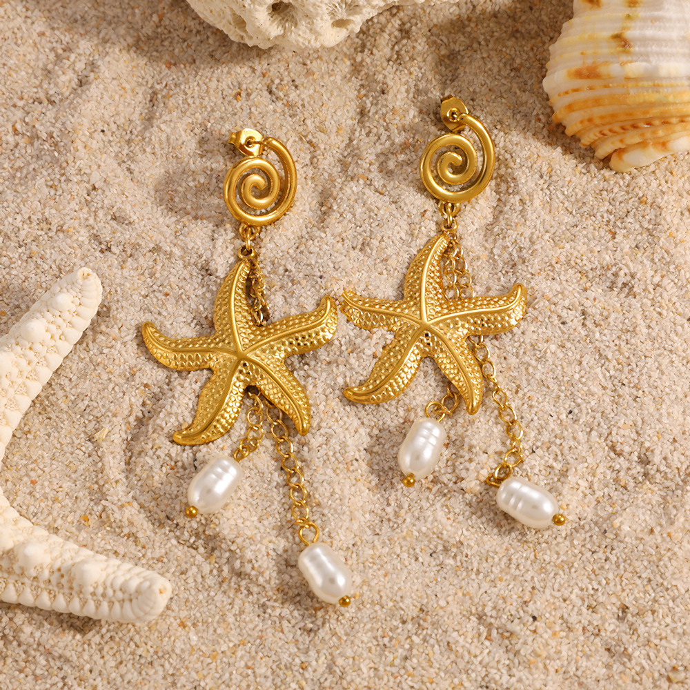 Boucles D'Oreilles Pendantes Rétro En Forme D'Étoile De Mer, En Acier Inoxydable, Couleur Or, Imperméables, Avec Perles. Image2