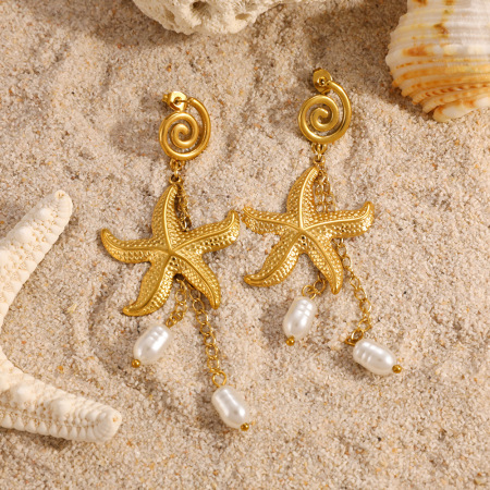 Boucles d'oreilles pendantes rétro en forme d'étoile de mer, en acier inoxydable, couleur or, imperméables, avec perles. 2