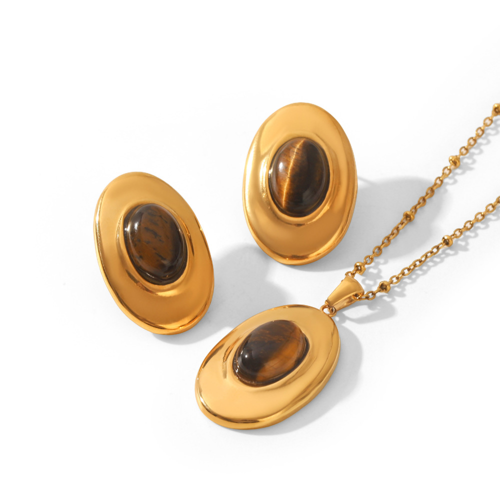 Ensemble De Colliers Pour Femmes En Acier Inoxydable Rétro, Étanche, Couleur Or Et Pierre Naturelle Image5