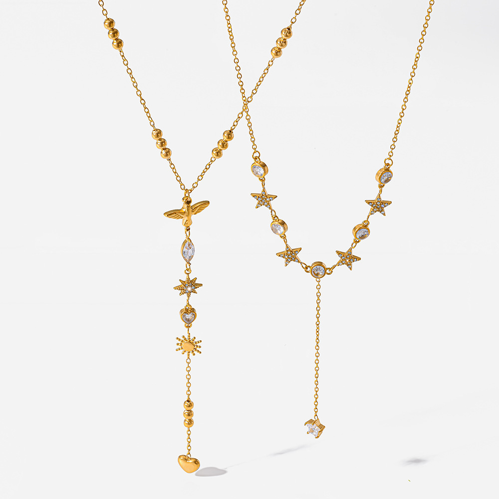 Collier Pendentif Femme Luxueux Et Élégant En Acier Inoxydable, Couleur Or, Avec Zircon Et Chaîne Étoile. Image4