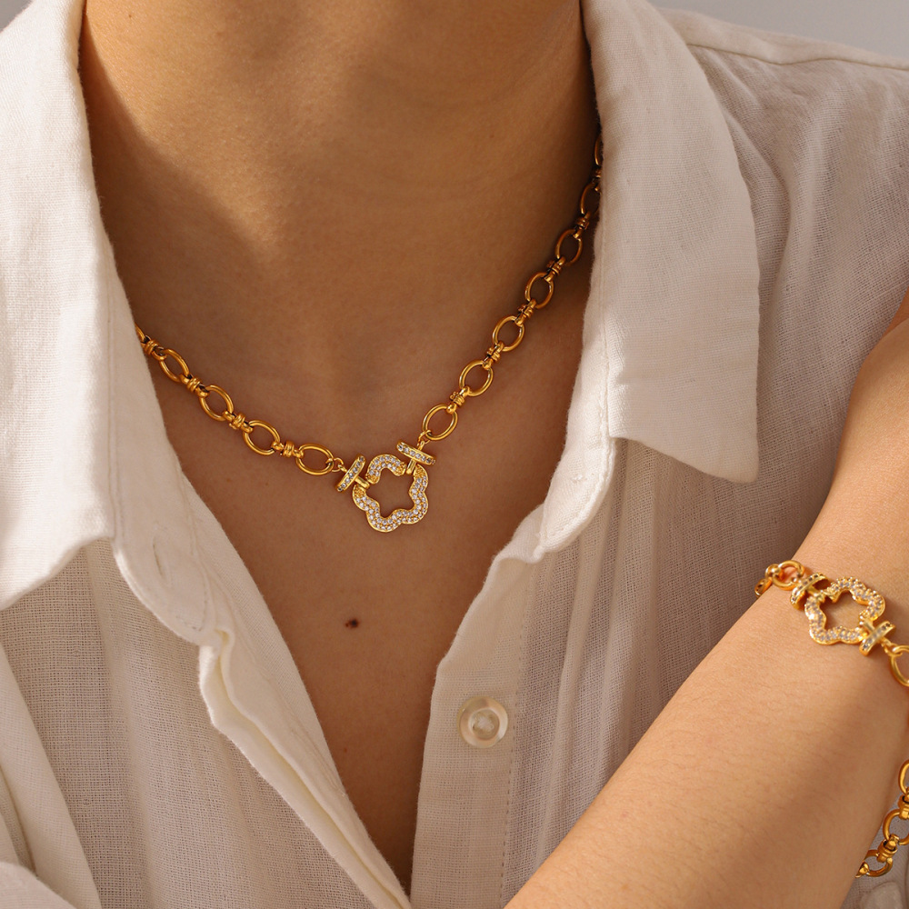 Colliers À Maillons Pour Femmes En Acier Inoxydable, Étanches, Couleur Or, Avec Zircon Et Motif Floral Image4