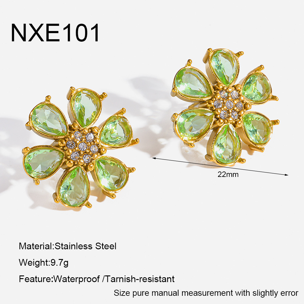 Boucles D'Oreilles Puces Pour Femmes, Luxueuses Et Élégantes, En Acier Inoxydable, Étanches, Couleur Or, Ornées De Zircon Et D'Un Motif Floral. 