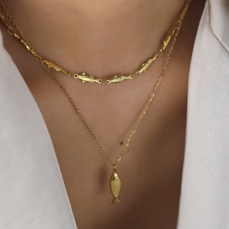 Colliers superposés pour femmes en acier inoxydable, couleur or, en forme de poisson