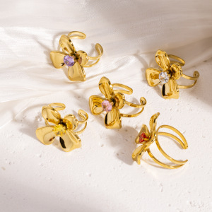 Bagues Pour Femmes Luxueuses Et Élégantes En Acier Inoxydable Doré, Ornées De Zircon Et De Fleurs. Elles Sont Imperméables. Elles Sont Serties De Zircon. h5 Image4