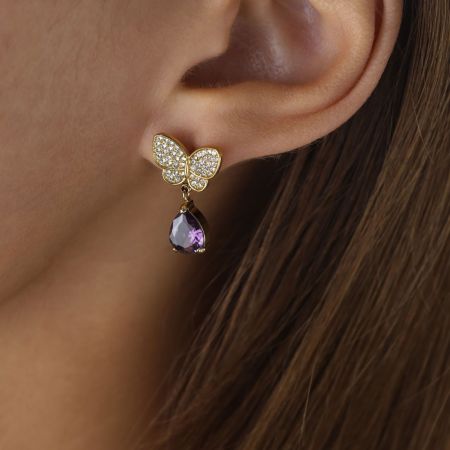 Boucles d'oreilles pendantes romantiques en acier inoxydable, imperméables, couleur or, avec papillon et cristaux.