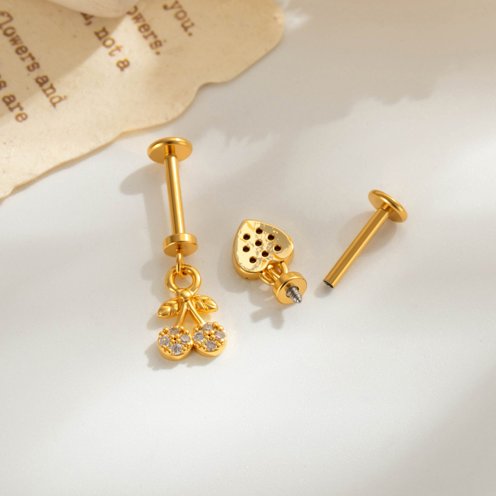 Boucles D'Oreilles Piercing Femme En Forme De Feuille De Cerisier, Couleur Cuivre Doré Et Zircon. h5Image4