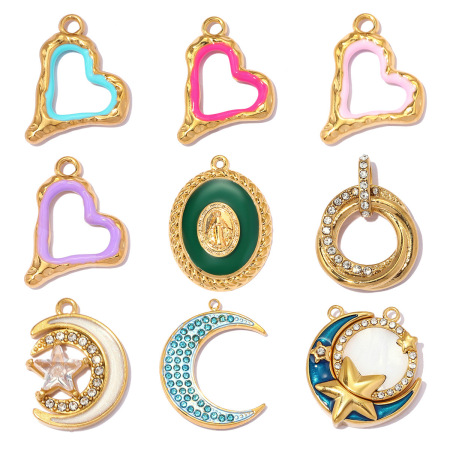 Pendentifs pour femmes en acier inoxydable, étanches, couleur or, motif étoile, cercle et lune (série simple à faire soi-même)