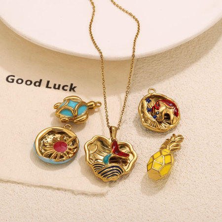 Pendentifs pour femmes en acier inoxydable, couleur or, motif tortue, fruit et coquillage soleil, série simple à faire soi-même 2