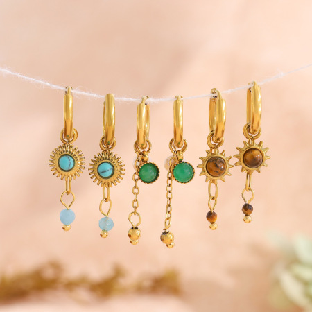 Boucles d'oreilles pendantes pour femme, forme soleil classique, en acier inoxydable, étanches, couleur or, avec pierre naturelle 2
