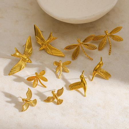 Boucles d'oreilles puces pour femmes en acier inoxydable, couleur or, en forme d'oiseau 2