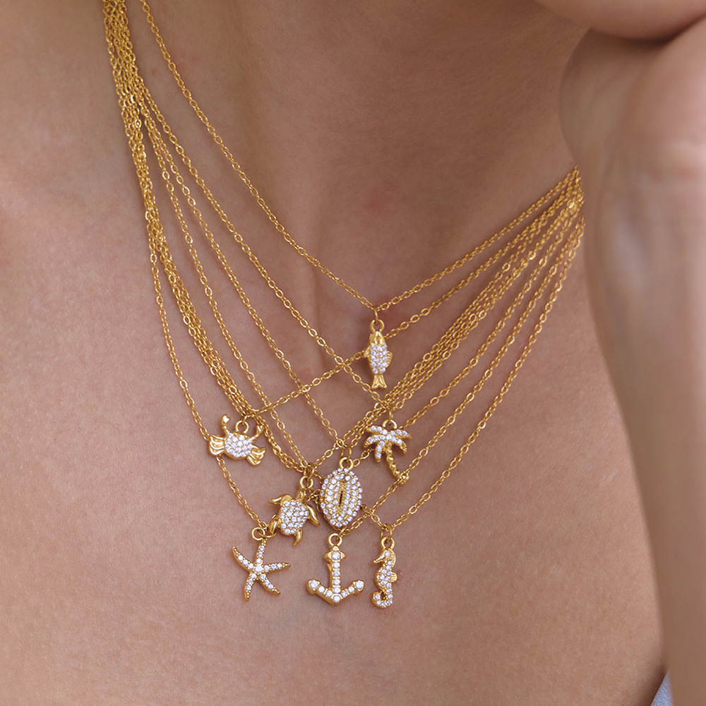 Ensembles De Colliers Pour Femmes En Acier Inoxydable, Style Océanique, Avec Étoiles De Mer Et Zircon Doré, Étanches. Image2