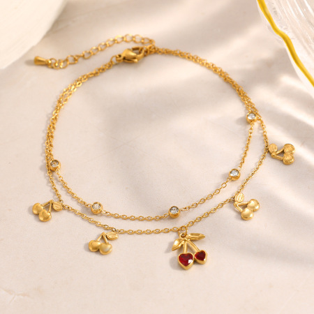 Bracelet de cheville Sweet Cherry en acier inoxydable étanche couleur or avec strass 2