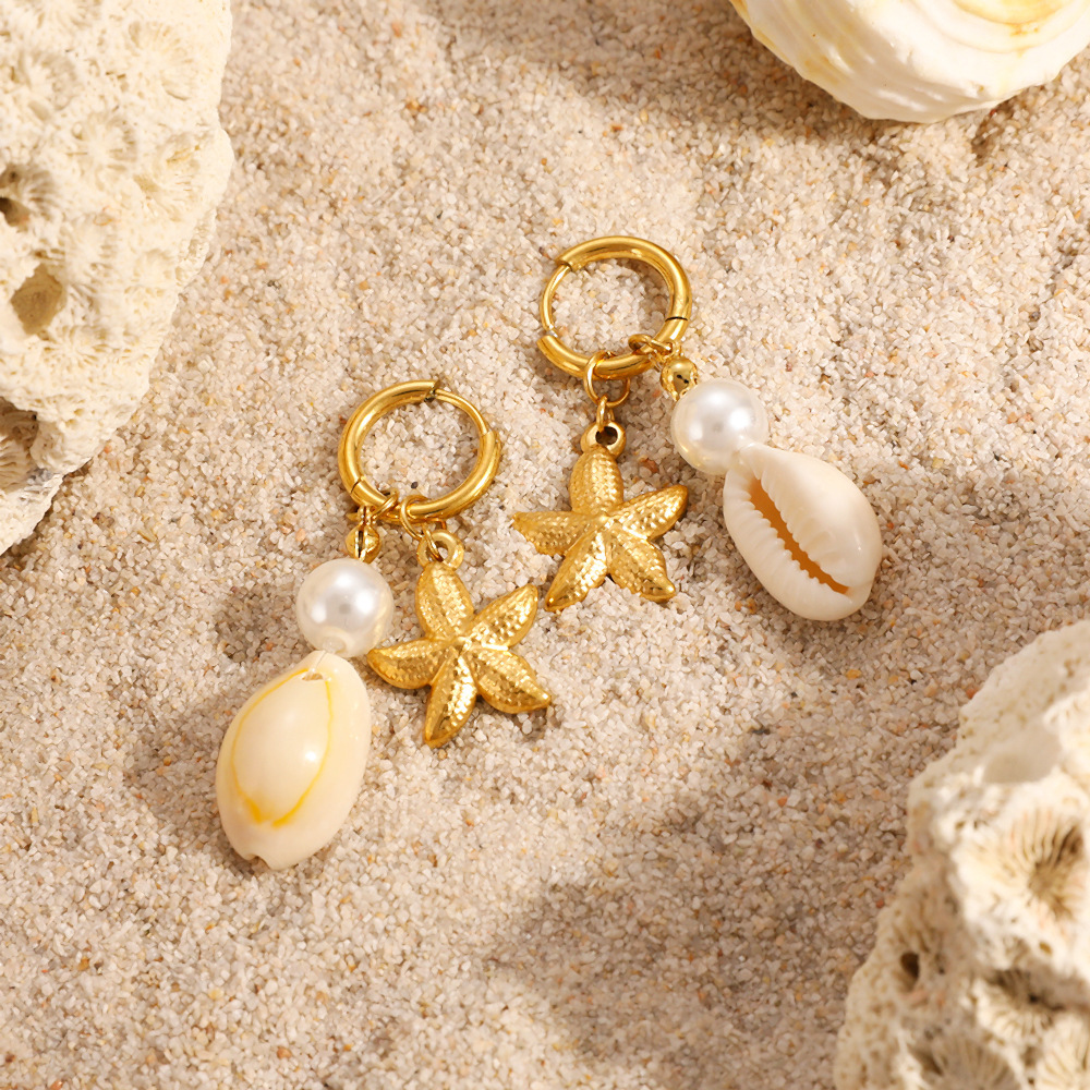 Boucles D'Oreilles Pendantes Pour Femme En Acier Inoxydable, Couleur Or, En Forme D'Étoile De Mer, Étanches. Image2