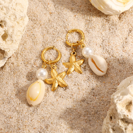 Boucles d'oreilles pendantes pour femme en acier inoxydable, couleur or, en forme d'étoile de mer, étanches. 2