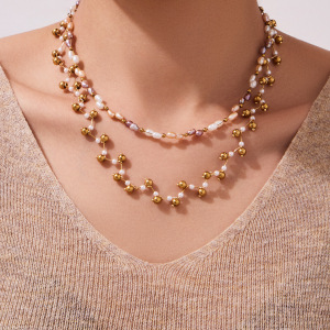 Colliers Pour Femmes Avec Chaînes En Acier Inoxydable Doré Et Perles De Pierre Naturelle h5 Image2
