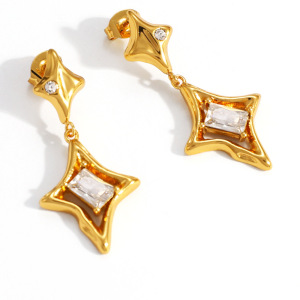 Boucles D'Oreilles Pendantes Pour Femme, En Acier Inoxydable Imperméable, Couleur Or, Avec Zircon, Motif Étoile Simple h5 Image5