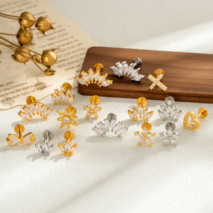 Boucles D'Oreilles Piercing Femme, Motif Fleur, Cœur, Nœud Papillon, Croix Et Lune, Couleur Cuivre Doré, Zircon. h5 Image4