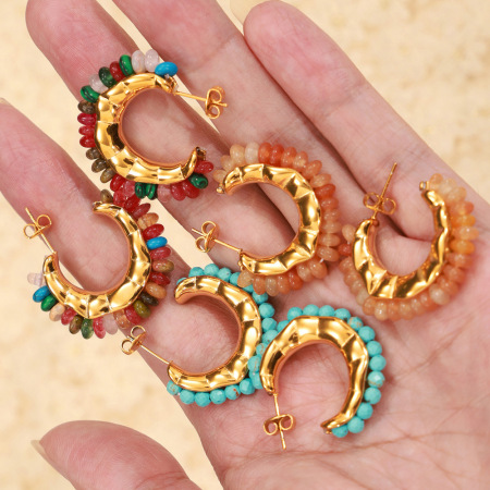 Boucles d'oreilles créoles rétro rondes en acier titane doré et pierre naturelle pour femmes 2