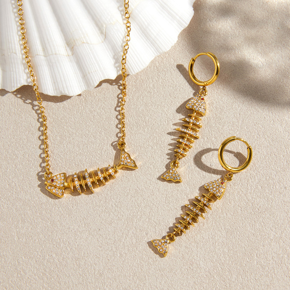 Ensembles De Colliers Pour Femmes En Acier Inoxydable Doré, Imperméables, Ornés De Strass Et De Poissons De Vacances Image2