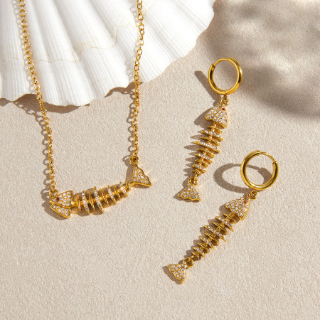 Ensembles de colliers pour femmes en acier inoxydable doré, imperméables, ornés de strass et de poissons de vacances 2