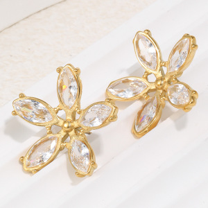 Boucles D'Oreilles Puces Pour Femmes Sweet Flower En Acier Inoxydable Étanche Couleur Or Et Zircon h5 Image4