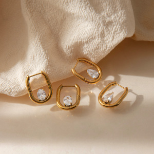 Boucles D'Oreilles Créoles Pour Femmes En Acier Inoxydable Étanche Couleur Or Avec Zircon, Motif Goutte D'Eau h5 Image4
