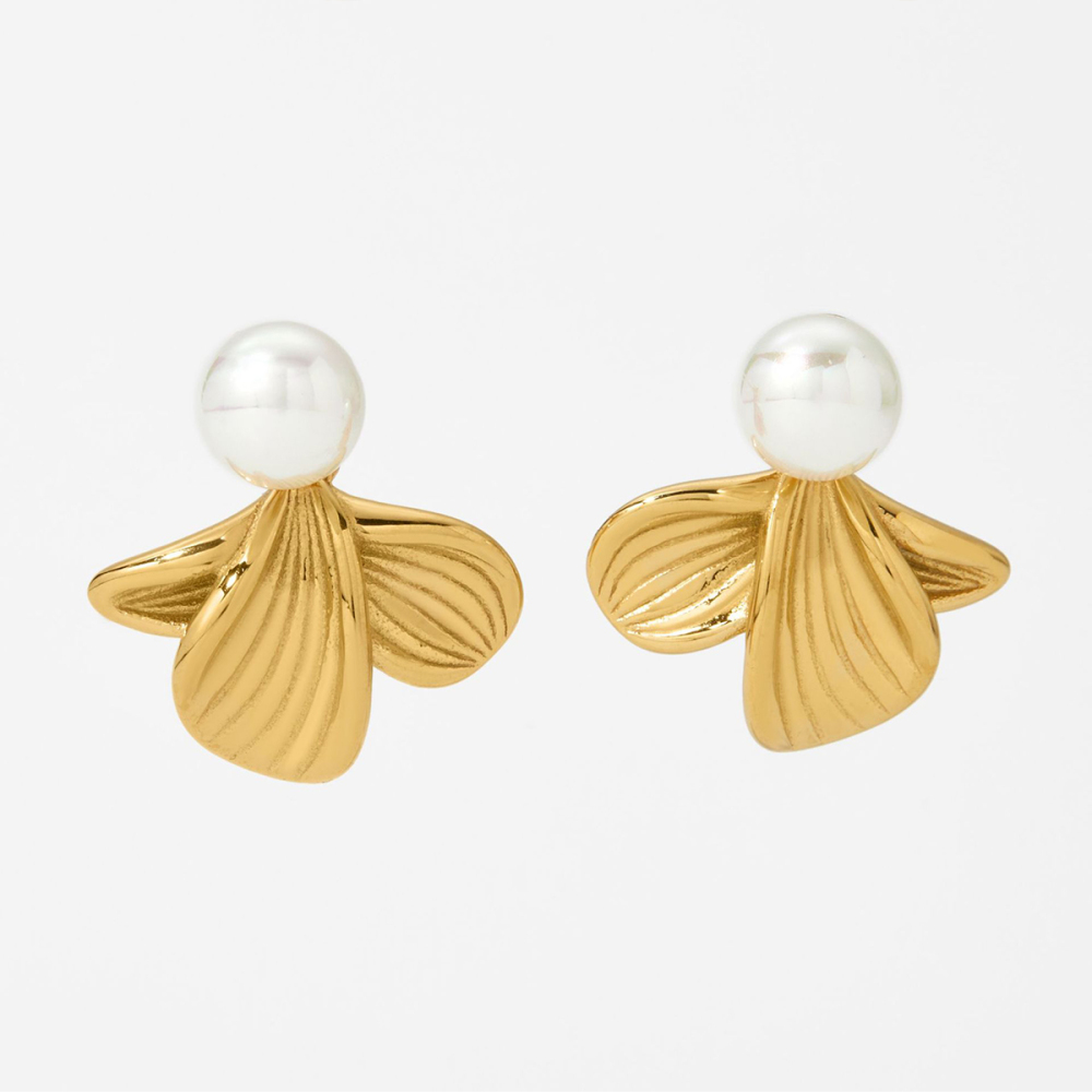 Boucles D'Oreilles Pendantes Pour Femme, En Acier Inoxydable, Imperméables, Couleur Or, Avec Perles Et Motif Floral Simple. Image4