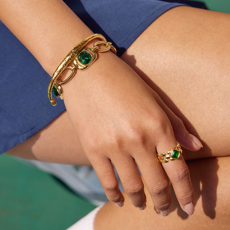 Bracelets de luxe rétro à perles rectangulaires en verre et acier inoxydable, couleur or, pour femmes 2