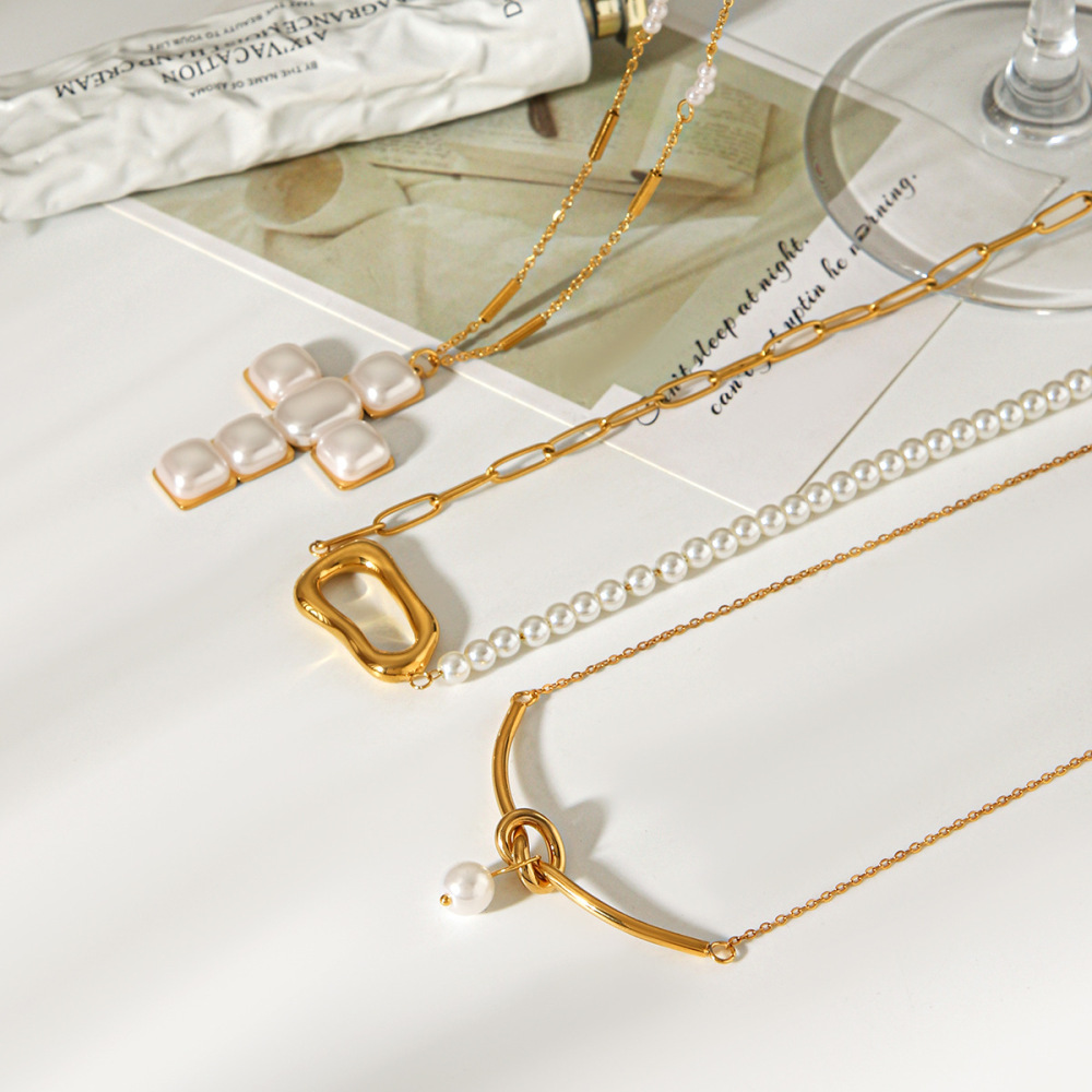 Colliers Pendentifs Pour Femmes En Forme De Croix, En Acier Inoxydable Étanche, Couleur Or Et Perle Image5