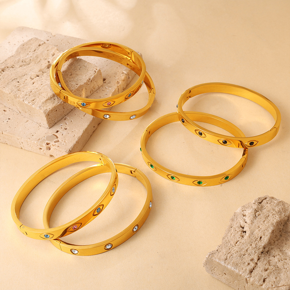 Bracelet Jonc Pour Femme En Acier Inoxydable Étanche, Forme Œil De Diable, Couleur Or Et Zircon Image2