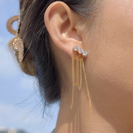 Boucles d'oreilles pendantes classiques à pompon en acier inoxydable doré avec zircon, imperméables et anti-ternissement, pour femmes 2