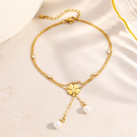 Bracelet de cheville élégant en acier inoxydable imperméable couleur or avec zircon, motif trèfle 2